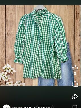 Green Gingham Ruffle Neck Blouse